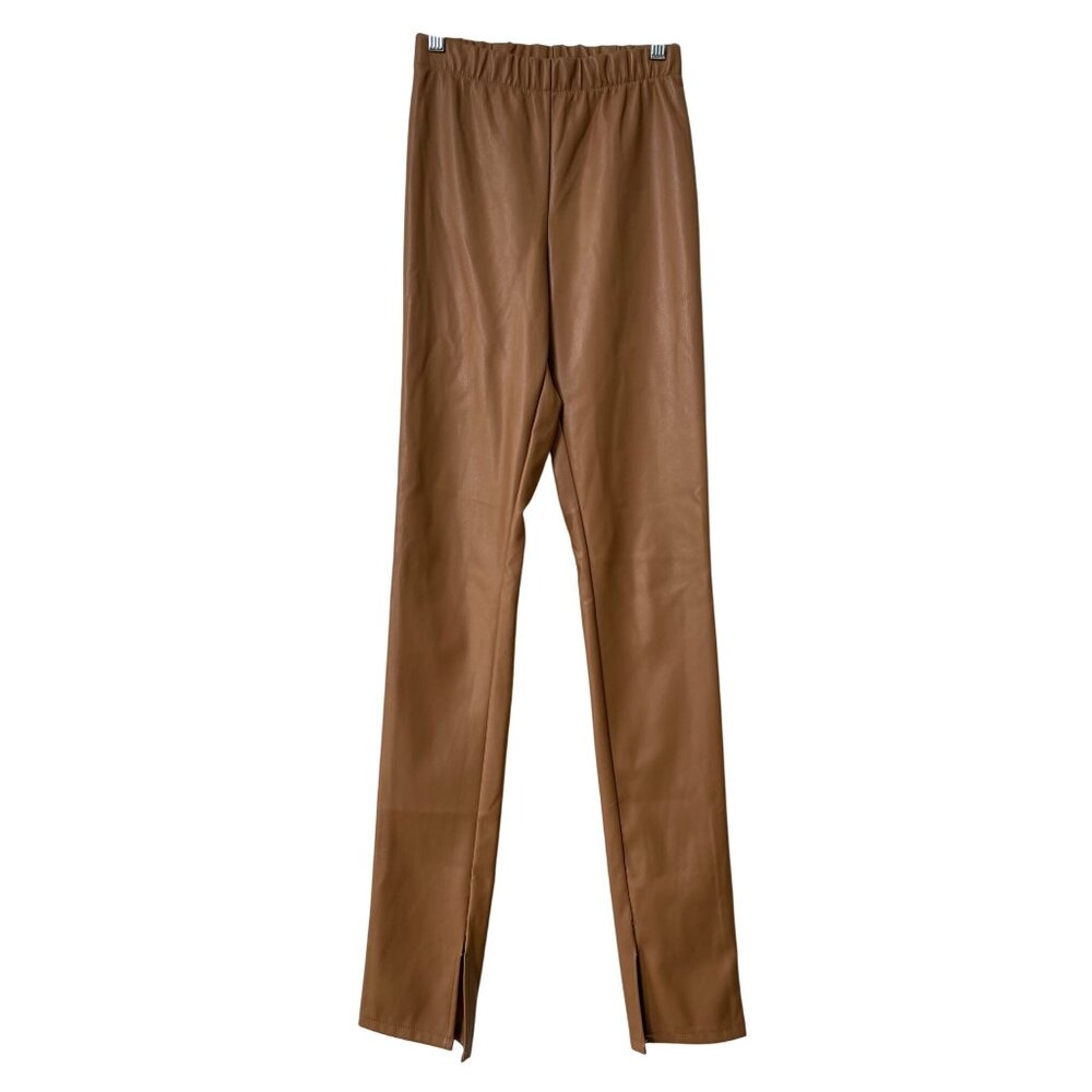 Goldie London Elastic Waist Faux Leather Pants Womens XS Split Hem Tan Retro Y2K